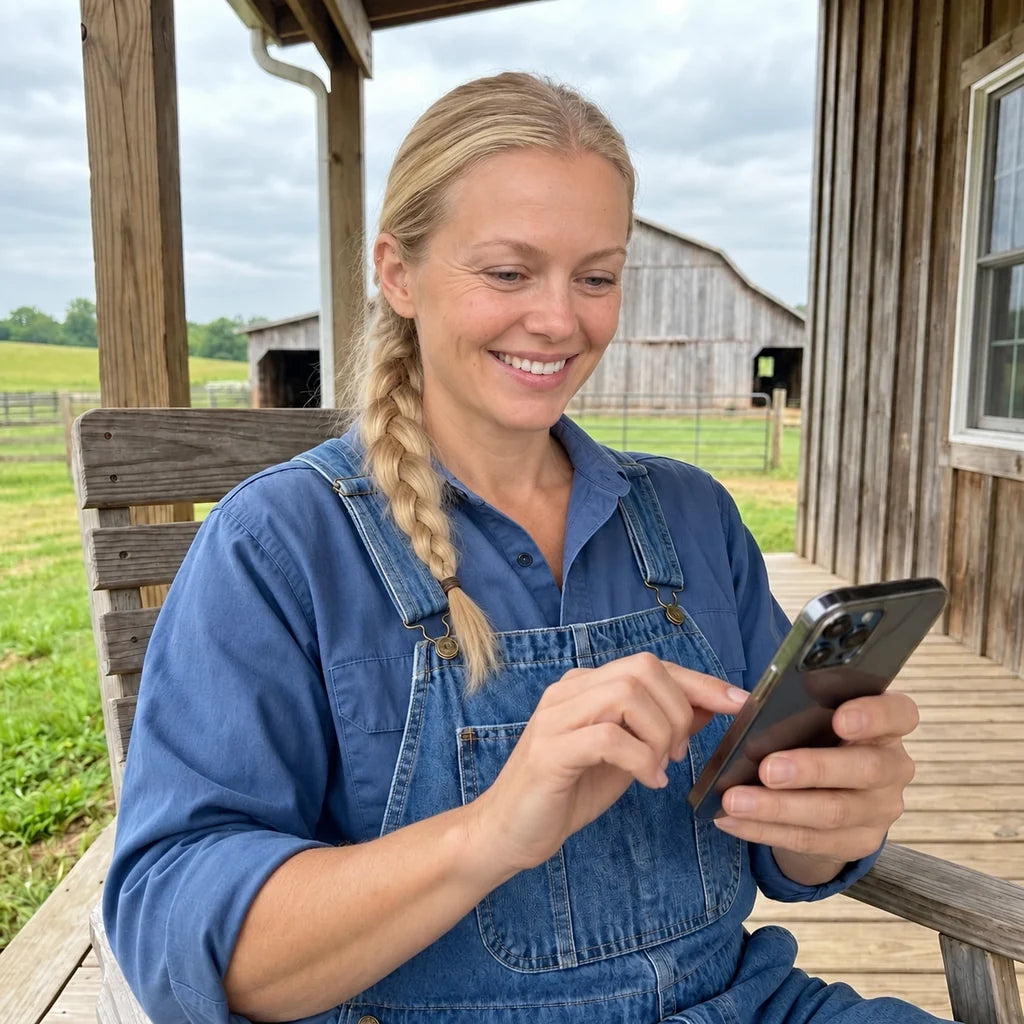 Jolina Oberdorf mit Mobiltelefon auf der Veranda