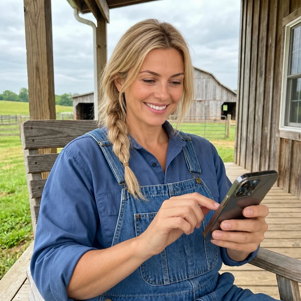 Emma Becker mit Mobiltelefon auf der Veranda
